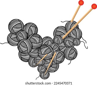 Balls of wool and knitting needles. Shape of a heart. Engraving Vector illustration.