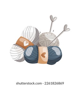 Balls of wool for knitting with needles. Skein of yarn. Tools and equipment for knitwork, handicraft. Handmade needlework, hobby at home. Knitting studio, workshop advertising design. Cartoon vector.