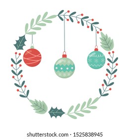 balls wreath berry decoration celebration merry christmas vector illustration