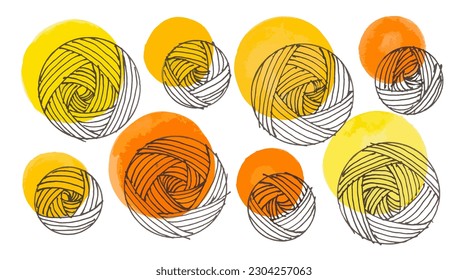 Bälle aus Garnen, handgezeichnet, mit Innenfolie mit farbigem Wasser, runden Flecken auf weißem Hintergrund. Vektorgrafik für das Design von Bannern für die Umhüllung von Papier