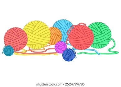 Bolas de hilo aisladas sobre fondo blanco. Pila de bola de hilo para tejer. Herramientas para hacer punto, artesanía, ganchillo, mano de tejer. Colorfull clews de lana para hobby o bricolaje. Ilustración vectorial de stock