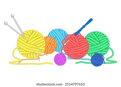 Bolas de hilo para tejer y crochet aislado sobre fondo blanco. Hilo de hilo con agujas de punto y gancho de ganchillo. Hilos de tejer. Costura, trabajo a mano, hobby o concepto de bricolaje. Ilustración vectorial de stock