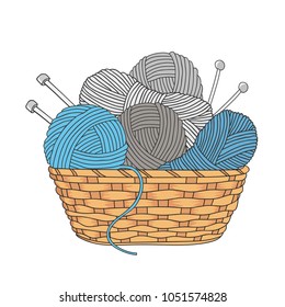 balls of yarn and knitting needles in basket isolated on white background