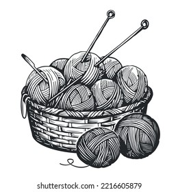 Balls Of Yarn, Knitting Needles In Basket. Clews, Skeins Of Thread. Tools Female Hobby Handicraft, Hand-knitting Sketch