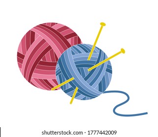 Balls of yarn with knitting needles. Blue and red skeins of wool. Vector flat illustration isolated on white background