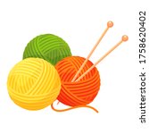 Balls of yarn with knitting needles. Clews, skeins of wool. Tools for knitwork, handicraft, crocheting, hand-knitting. Female hobby. Vector cartoon illustration isolated on white background.
