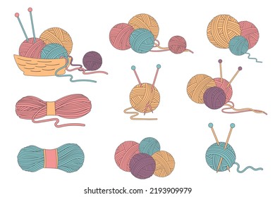 Balls of yarn with knitting needles. Clews, skeins of wool. Tools for knitwork, hand-knitting.
