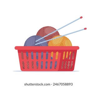 Balls of yarn with knitting needles. Clews, skeins of wool. Tools for knitwork, handicraft, crocheting, hand-knitting. Female hobby. Vector