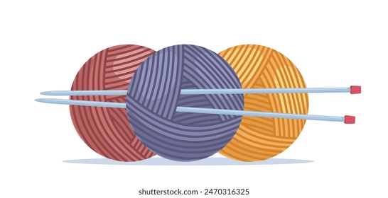 Balls of yarn with knitting needles. Clews, skeins of wool. Tools for knitwork, handicraft, crocheting, hand-knitting. Female hobby. Vector