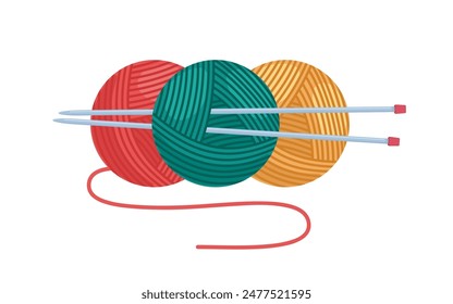 Balls of yarn with knitting needles. Clews, skeins of wool. Tools for knitwork, handicraft, crocheting, hand-knitting. Female hobby. Vector