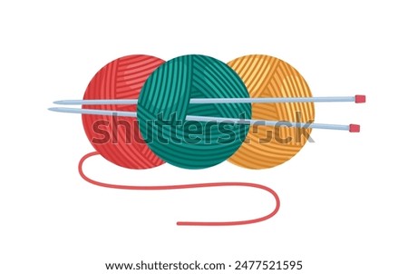 Balls of yarn with knitting needles. Clews, skeins of wool. Tools for knitwork, handicraft, crocheting, hand-knitting. Female hobby. Vector