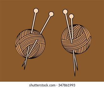 Balls of yarn with knitting needles and crochet hooks hands. Handmade