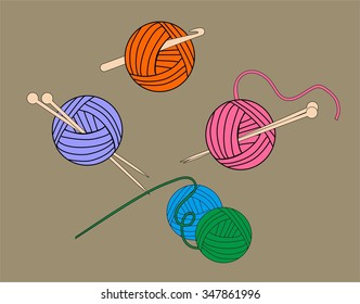 Balls of yarn with knitting needles and crochet hooks hands. Handmade