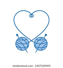 Balls of yarn with knitting needles and a long tangled thread in the shape of a heart and a loop.