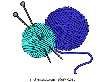 Balls of yarn for knitting with needles - vector full color picture for a logo or pictogram. Round balls of blue and turquoise yarn with knitting needles for a sign or icon