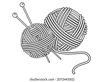 Balls of yarn for knitting with needles - vector linear illustration for logo or pictogram coloring. Round balls of yarn with knitting needles for sign or icon