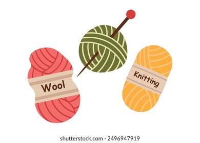 Balls of yarn with knitting needles. Balls of wool. Tools for knitting, needlework, crochet, hand knitting. Hobbies. Vector cartoon illustration on a white background, eps 10