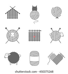 Balls of yarn for knitting. Rope making. Yarn balls from wool and angora. Knitting wool. sheep, cat, house, and heart knitting. vector illustration.