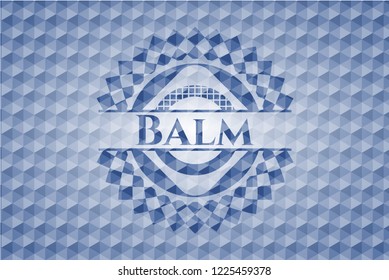 Balm blue badge with geometric background.