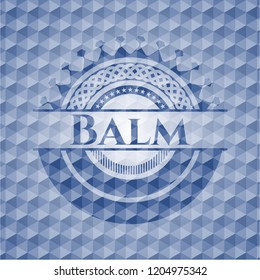 Balm blue emblem with geometric background.