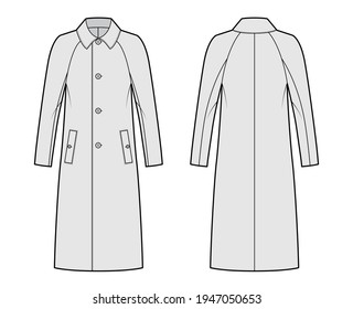 Balmacaan coat technical fashion illustration with raglan long sleeves, regular collar, oversized body, midi length. Flat jacket template front, back, grey color style. Women men unisex top CAD mockup