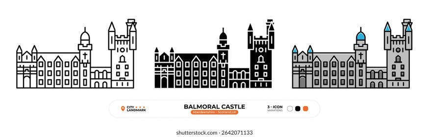Ícone da Linha Balmoral Castle. Aberdeenshire, Escócia, Reino Unido, Landmark, Silhueta, Vetor de cores, Traço editável.