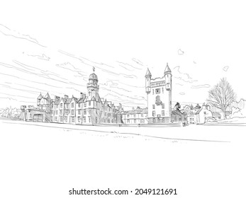 Balmoral Castle. Scotland. Hand drawn city sketch. Vector illustration.