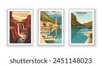 Balmorhea, State Park, Bay of Kotor, Montenegro, Beaver Falls, Arizona - Vintage travel poster. Vector illustration. High quality prints
