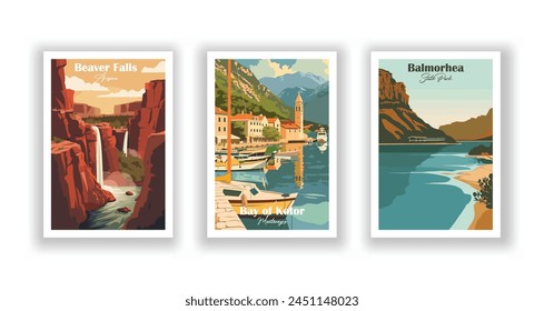 Balmorhea, State Park, Bucht von Kotor, Montenegro, Beaver Falls, Arizona - Klassisches Reiseplakat. Vektorillustration. Qualitativ hochwertige Ausdrucke