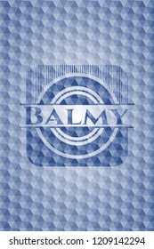 Balmy blue emblem with geometric pattern background.