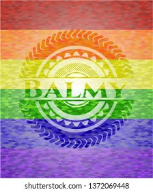 Balmy emblem on mosaic background with the colors of the LGBT flag