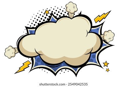 Balnk boom comic book text speech bubble in pop art style with dots. Clear wow balloon for posts and announcements. Empty message cloud background backdrop with flashes and stars. Vector illustration.