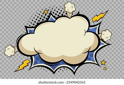 Burbuja de discurso de texto de libro de cómic en blanco en estilo de arte pop con puntos. Globo wow claro para publicaciones y anuncios. Fondo de la nube de mensajes vacía con destellos y estrellas. Ilustración vectorial.