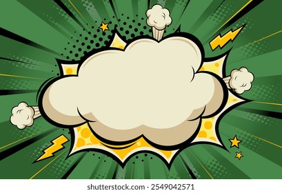 Balnk boom comic book text speech bubble in pop art style with dots. Clear wow balloon for posts and announcements. Empty message cloud background backdrop with flashes and stars. Vector illustration.