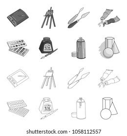 Balonchik paints, tubes with paint, watercolor in a box, ink in a bottle and a pen.Artist and drawing set collection icons in outline,monochrome style vector symbol stock illustration web.