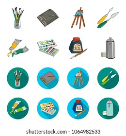Balonchik paints, tubes with paint, watercolor in a box, ink in a bottle and a pen.Artist and drawing set collection icons in cartoon,flat style vector symbol stock illustration web.