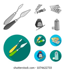 Balonchik paints, tubes with paint, watercolor in a box, ink in a bottle and a pen.Artist and drawing set collection icons in monochrome,flat style vector symbol stock illustration web.
