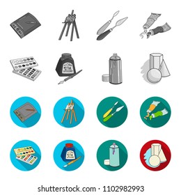 Balonchik paints, tubes with paint, watercolor in a box, ink in a bottle and a pen.Artist and drawing set collection icons in monochrome,flat style vector symbol stock illustration web.
