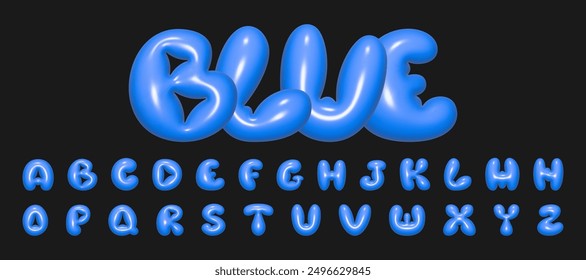 Baloon 3D blau Bubble Schriftart im Y2K Stil. Realistische Vektorgrafik eines verspielten Designs, inspiriert von aufgeblasenen Buchstaben aus den 90ern.