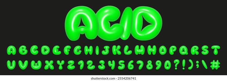 Baloon 3D font is acid green in Y2K style. Realistic vector illustration of a playful design inspired by 90s inflatable letters.