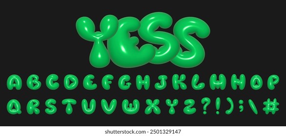 Baloon 3D green Bubble font in Y2K style. Realistic vector illustration of a playful design inspired by 90s blown up letters.