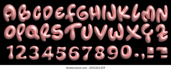 Baloon 3D pink bubble font in Y2K style. Playful design inspired by 2000s or 90s, inflated letters. Trendy English type. Realistic vector illustration