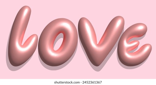 Baloon 3D pink bubble love in Y2K style. Playful design inspired by 2000s or 90s, inflated letters. Trendy English type. Realistic vector illustration