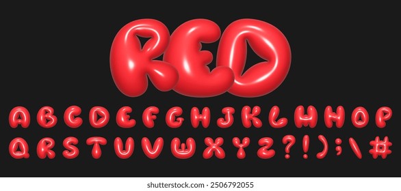 Baloon 3D fuente de burbuja roja en estilo Y2K. Ilustración vectorial realista de un diseño lúdico inspirado en las letras reventadas de los años 90.