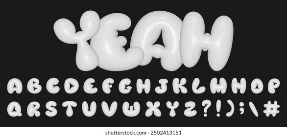 Baloon 3D white Bubble font in Y2K style. Realistic vector illustration of a playful design inspired by 90s blown up letters.