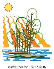 Baloon trees. Unique design of a tree with balloon-shaped leaves, a tree in the middle of a lake.
