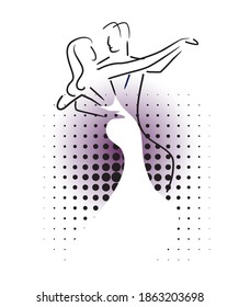 
Balroom Dancers Couple.
Line art stylized illustration of Young couple dancing ballroom dance on halftone raster background. Vector available