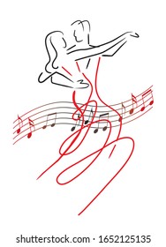 
Balroom Dancers Couple with musical notes.
Line art stylized illustration of couple dancing ballroom dance on white background. Vector available.