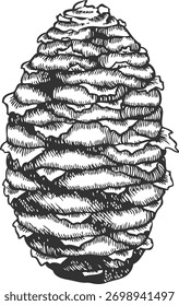Balsam fir cone, coniferous tree, hand-drawn black and white style. Botanical plant. Decorative element for embellishment. Vintage engraved style. Isolated background. Icon. Vector illustration.