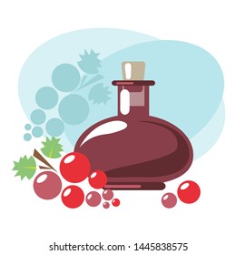 Balsamic vinegar with red grape. Design elements for leaflet, booklet or sticker. Harvest symbol. Ingredients for cooking, baking, salad dressing and preservation.